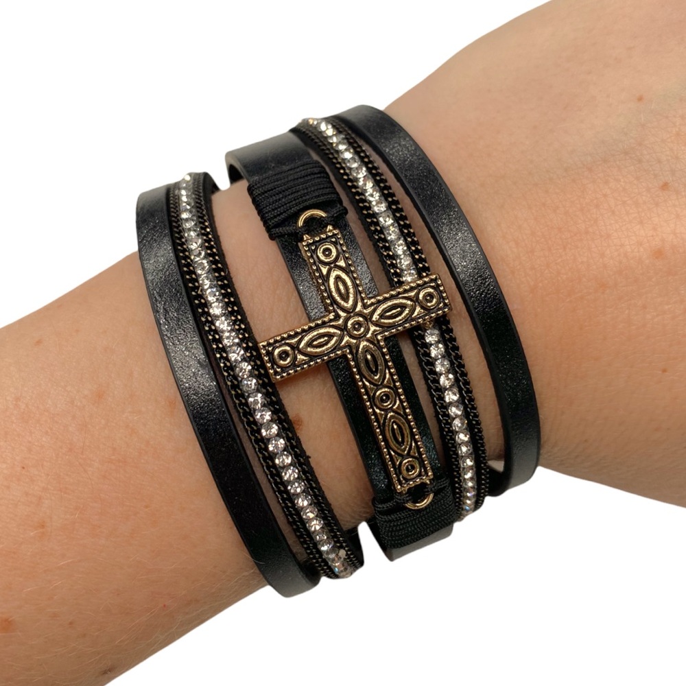 Cowgirl Black Gold Cross Charm Western Genuine Leather Wrap Bracelet Jewelry